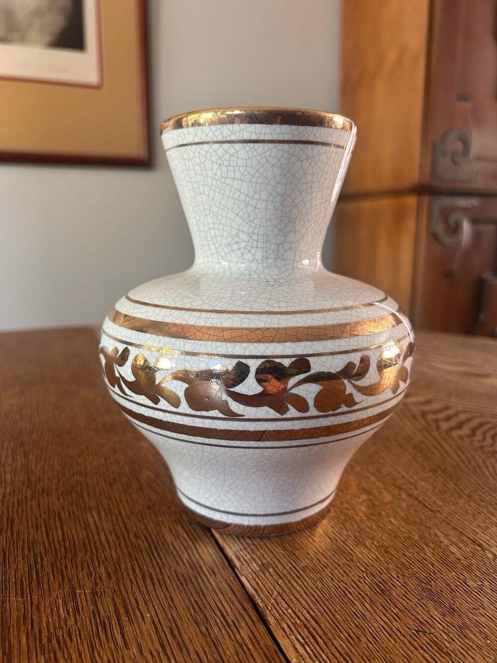 Vee Jackson Hand Decorated California Vase White Gold Crackle